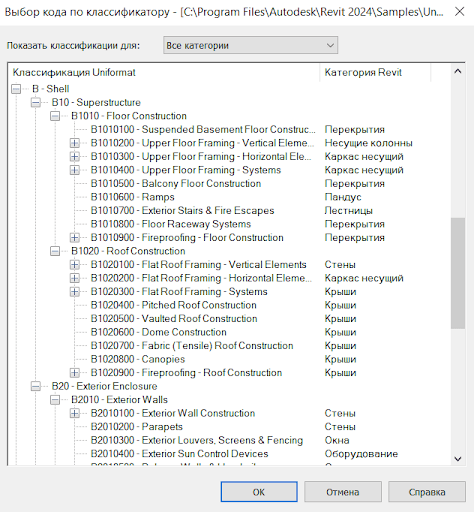 Назаначение Кода классификатора в Revit